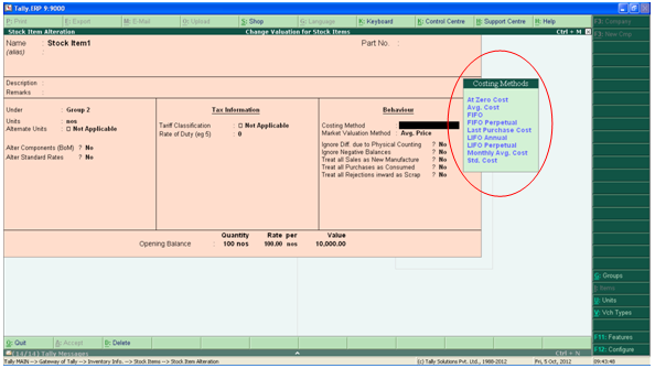 Auto Change Valuation for stock items in TALLY PRIME